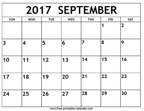 Blank Calendar Sept 2017 Printable